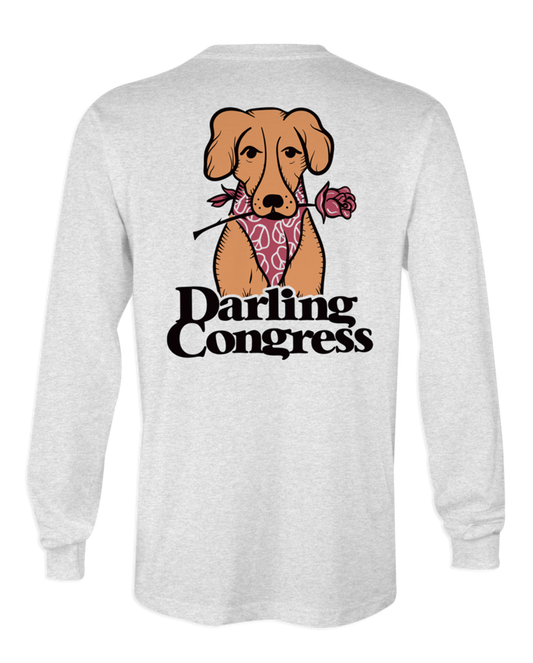 Back of shirt. Cartoon dog holding rose in mouth. Darling Congress text below dog.