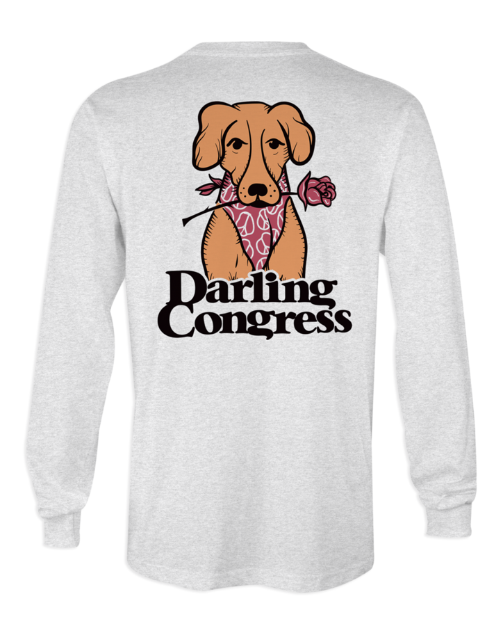 Back of shirt. Cartoon dog holding rose in mouth. Darling Congress text below dog.