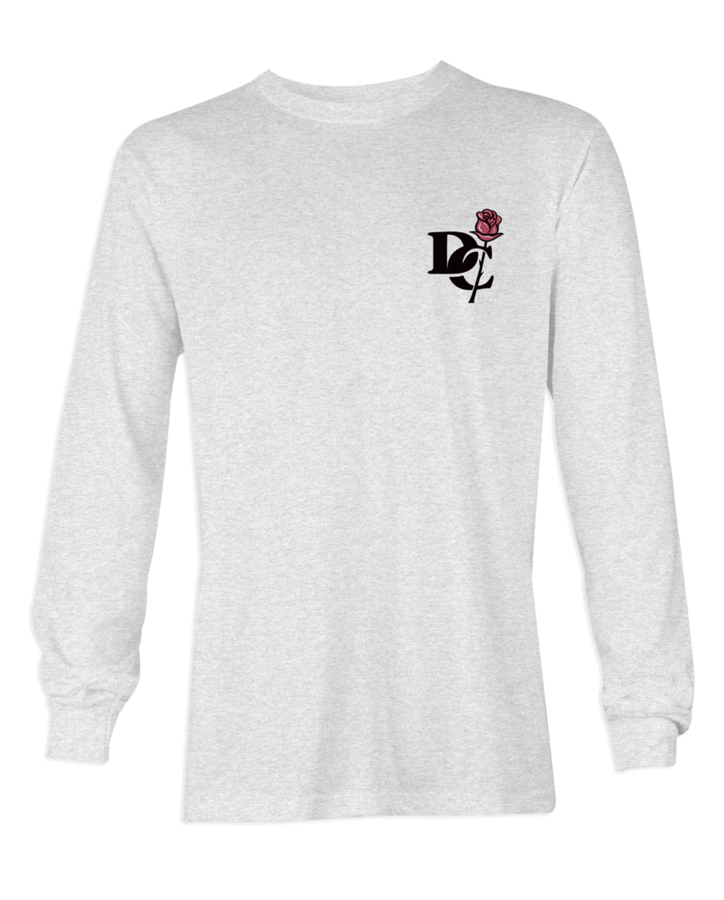 DC on front of longsleeve intertwined with rose.